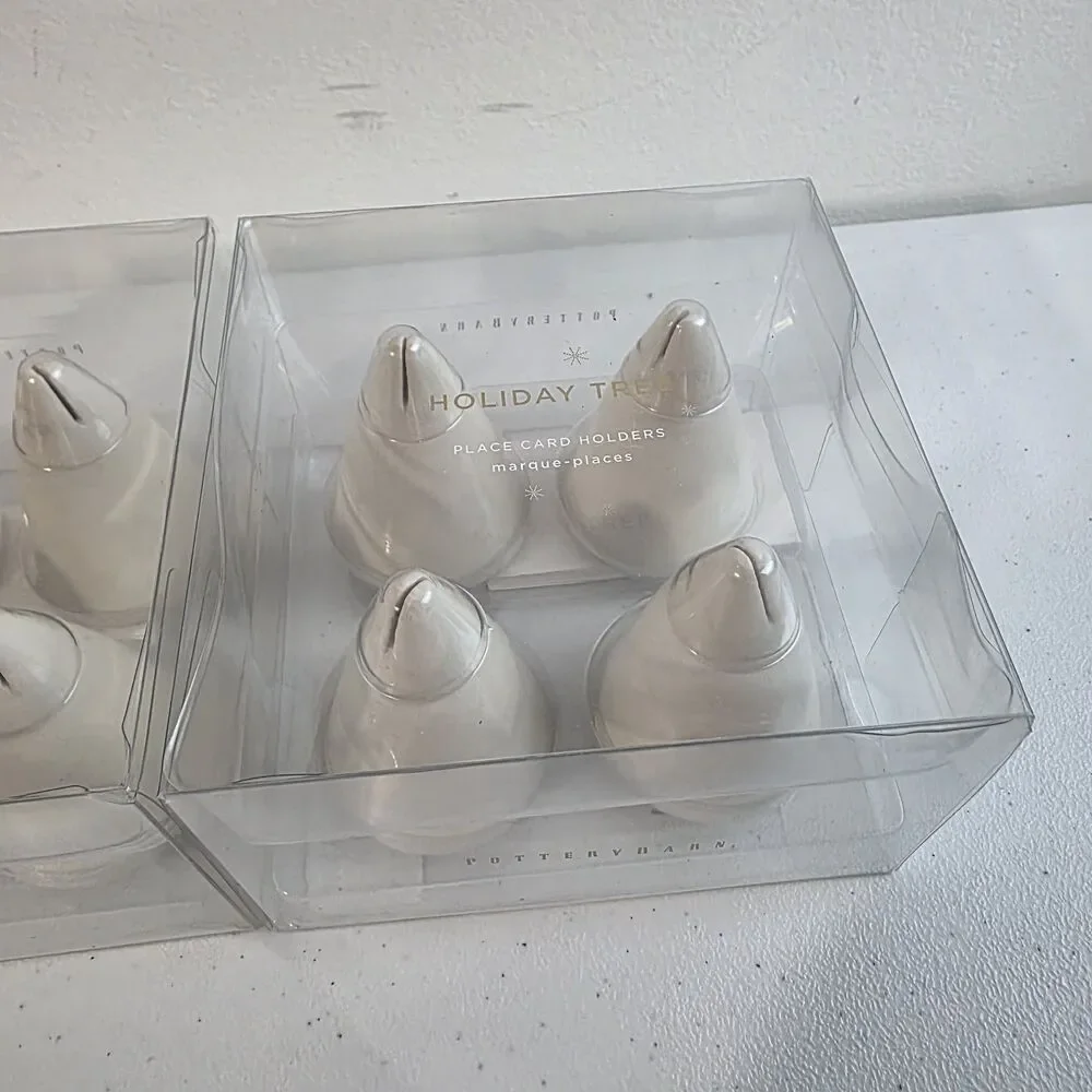 2 Sets Pottery Barn Holiday Christmas Tree Place Card Holders Stoneware White